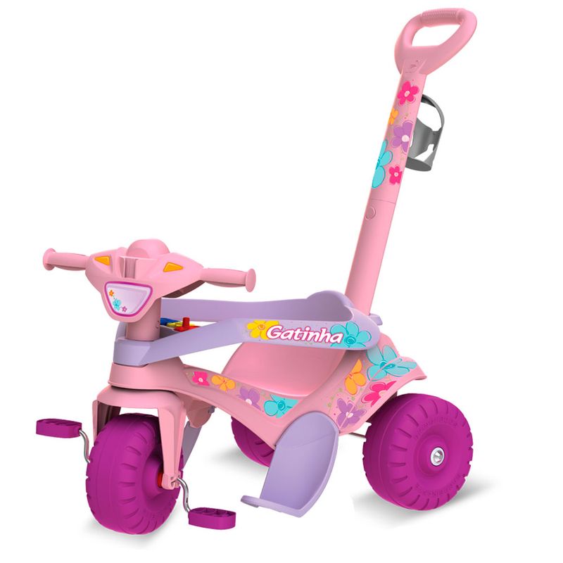 Triciclo Infantil Meninas Gatinha Som Luz 2 Em 1 Com Pedal