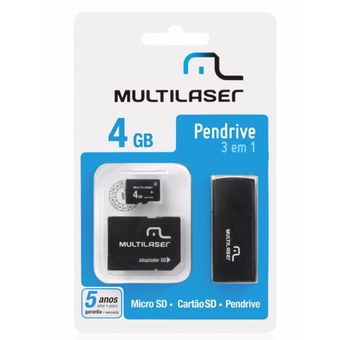 Kit 3 em 1 Pen drive + Adaptador SD + Cartão De Memória Classe 4 com Trava de Segurança 4GB Preto Multilaser - MC057