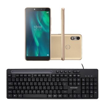 Combo Office - Smartphone Multilaser F 32GB Dual Chip Android 9.0 Dourado e Teclado Com Fio Slot Conexão USB Preto - P91310K