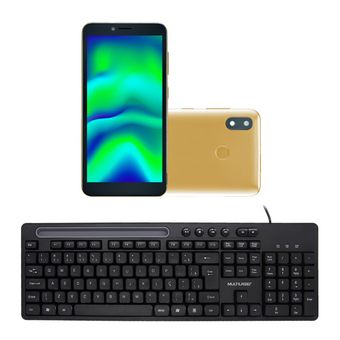 Combo Office - Smartphone Multilaser F Pro 2 32GB Dual Chip Android 11 Dourado e Teclado Com Fio Slot Conexão USB Preto - P9153K